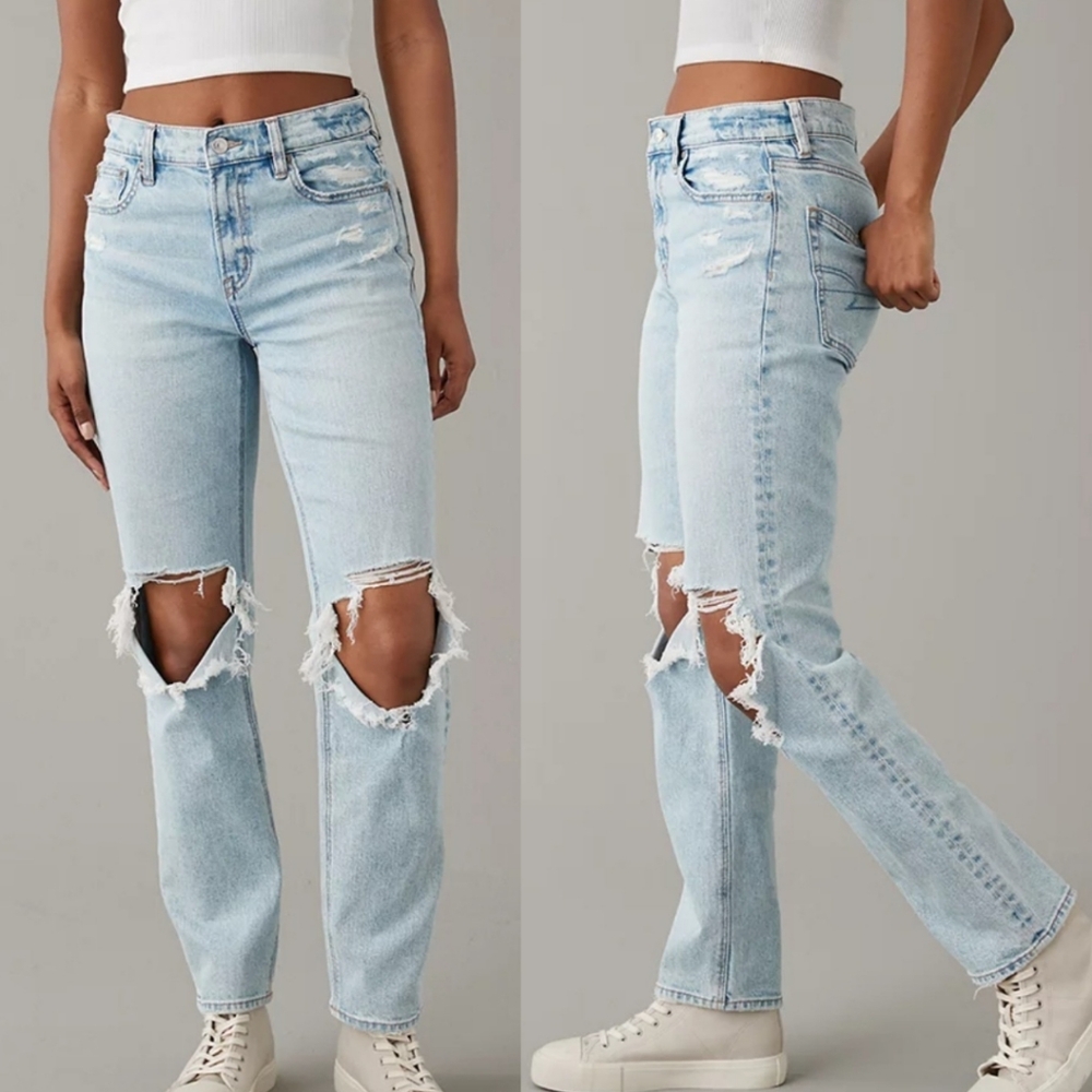 AE Stretch Super High-Waisted Ripped Ankle Straight Jean